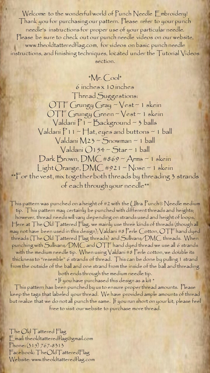 Punch Needle Pattern - Mr Cool by Old Tattered Flag